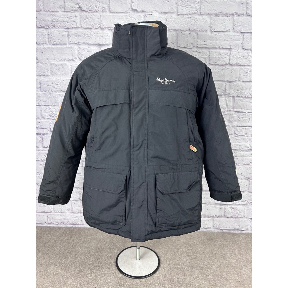 VTG Pepe Jeans London Mens Heavy Winter Parka Jacket Black Faux Fur Hood NWT - Picture 2 of 15